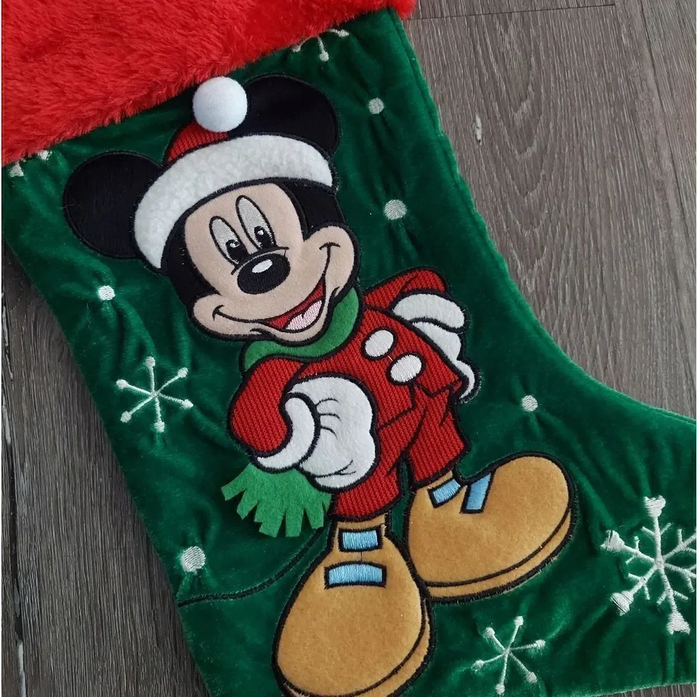 Disney Mickey Mouse Christmas Stocking Green Embroidered Plush Red Cuff
